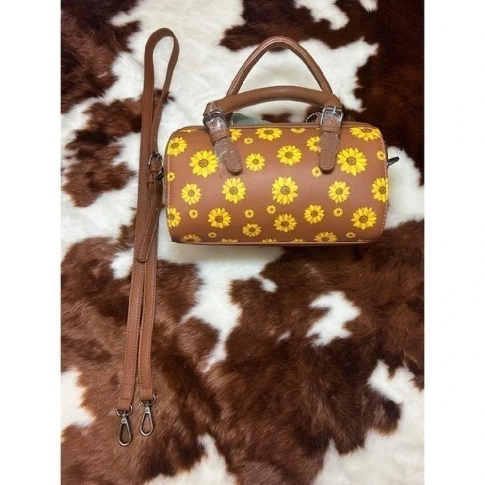 Wrangler Sunflower Barrel Crossbody Bag Brown Vegan Leather Western Satchel NEW